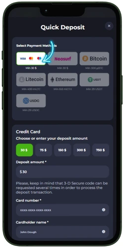 Payment method selection in the casino cashier JeetCity deposit